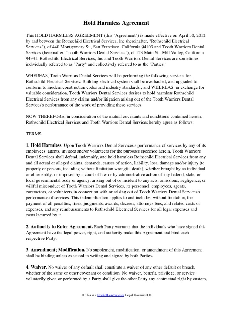 Hold Harmless Agreement PDF Indemnity Law Of Agency