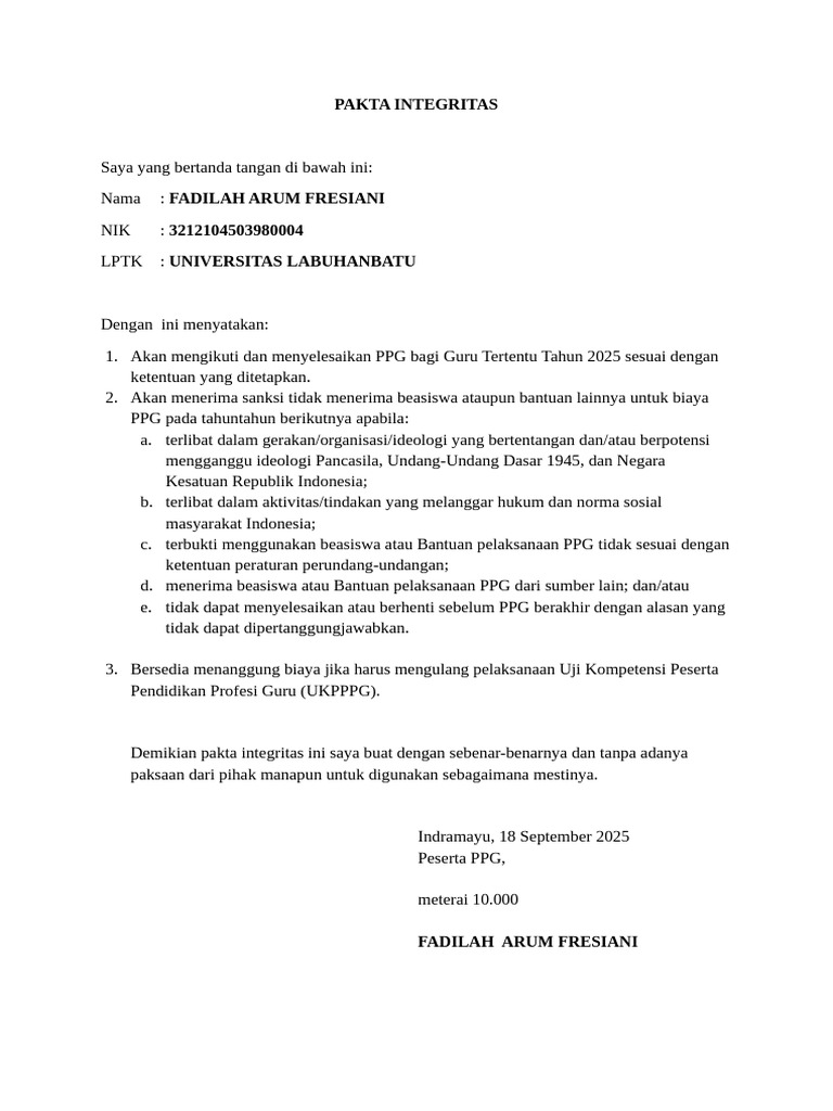 Format Pakta Integritas 2 | PDF