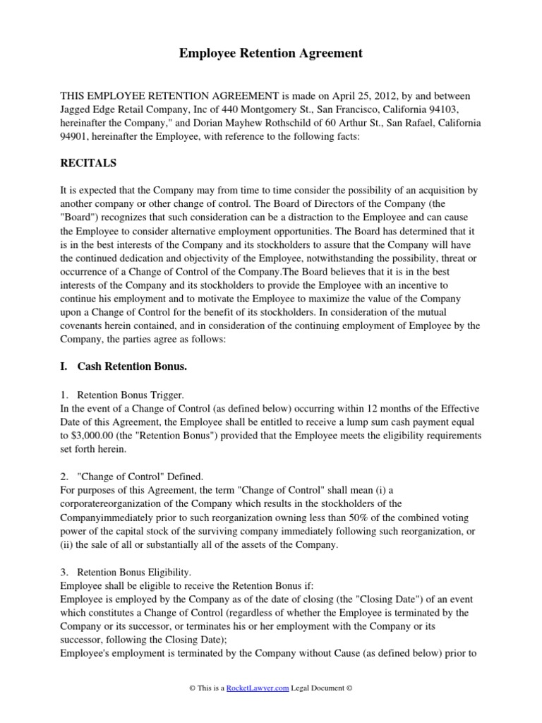 Employee Retention Agreement Template | PDF | Arbitration | Withholding Tax