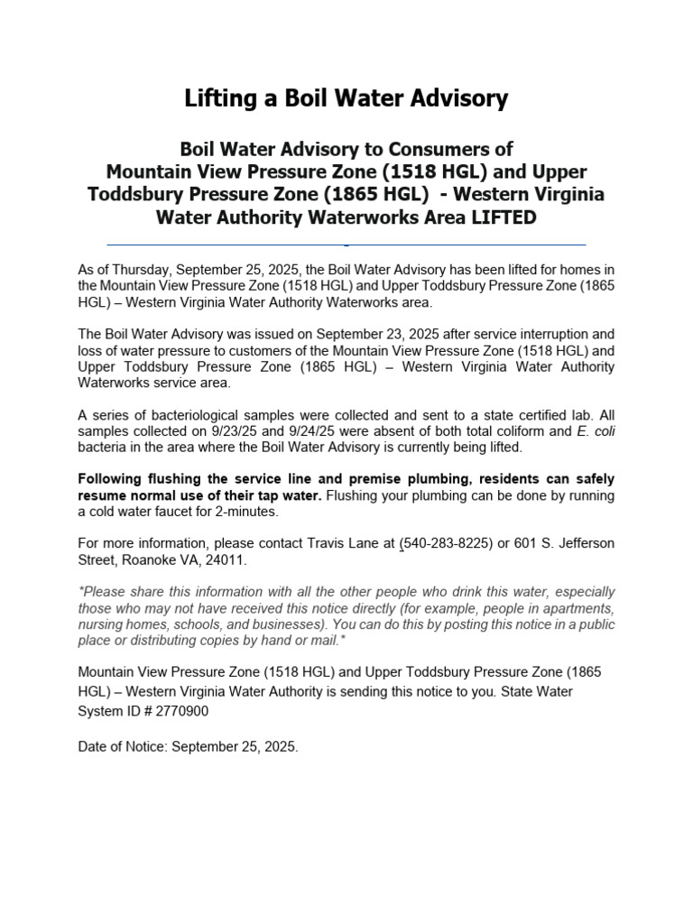 Boil Water Advisory Lifted in Virginia | PDF
