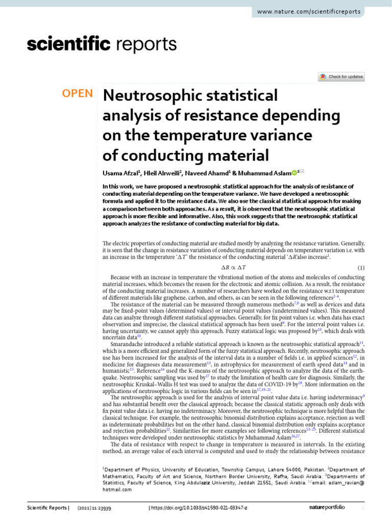 Neutrosophic Statistical Analysis of Resistance Depending On The ...