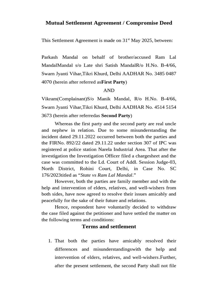 Mutual Settlement Agreement Template | PDF | Common Law | Justice