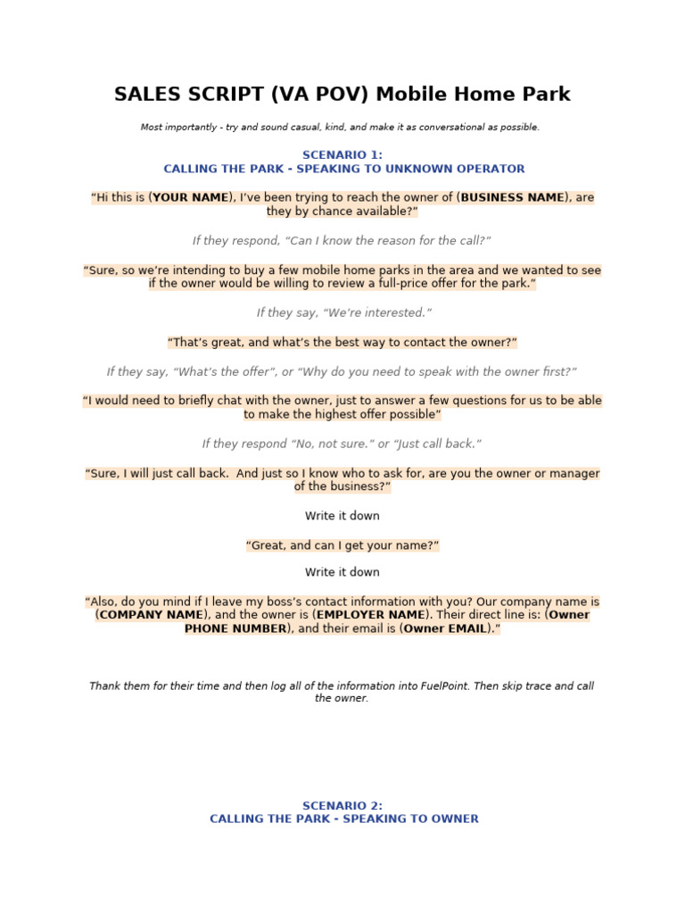 Mobile Home Park Sales Script Guide | PDF
