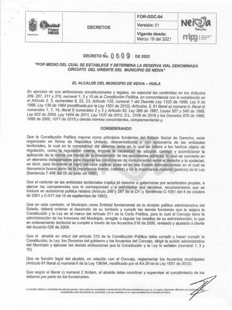 Decreto 0609 Del 03-08-2022 | PDF | Alcalde | Planificación