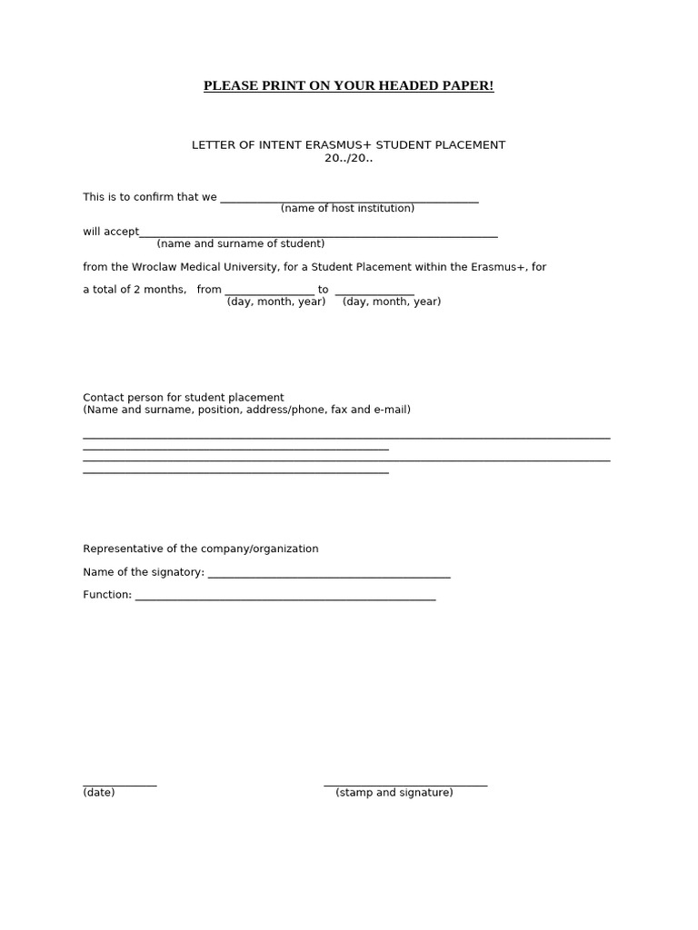Erasmus+ Student Placement Intent Letter | PDF