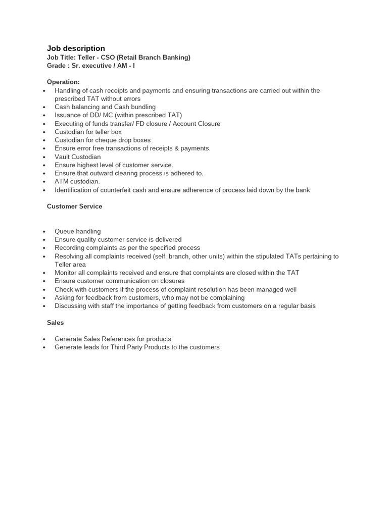 Teller CSO Job Description in Banking | PDF