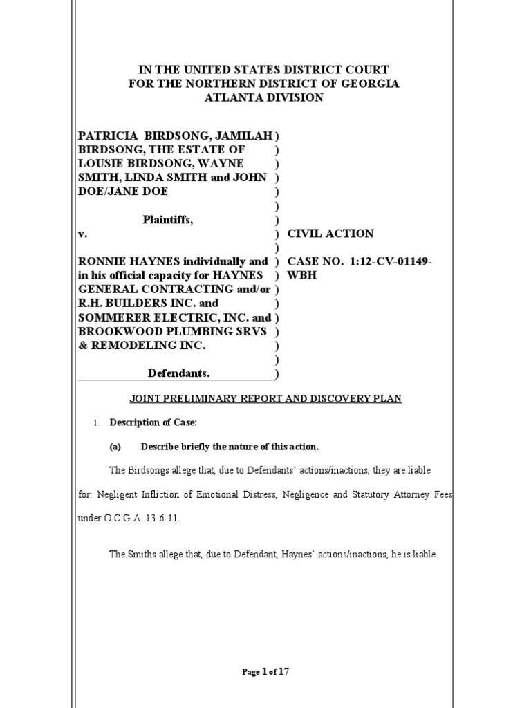 Joint Preliminary Report and Discovery Plan Discovery (Law) Negligence