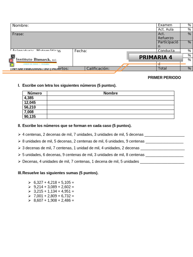 Examen de Matemáticas para Primaria 4 | PDF | Matemáticas
