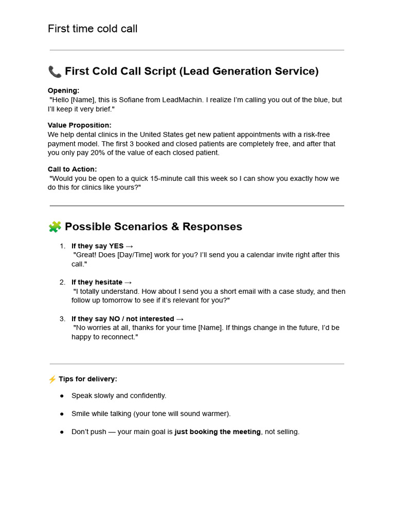 First Cold Call Script for Dental Clinics | PDF