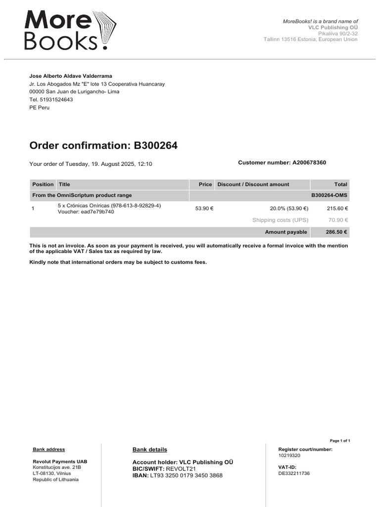 Order Confirmation: B300264 | PDF