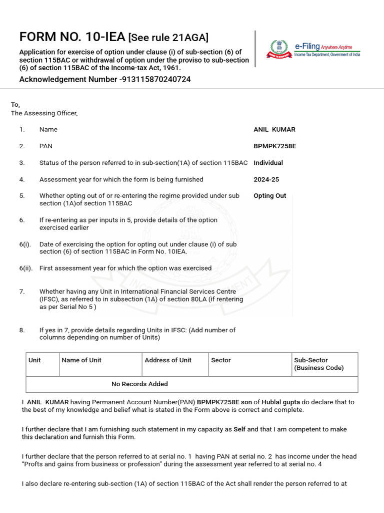Income Tax Form 10-IEA Submission | PDF