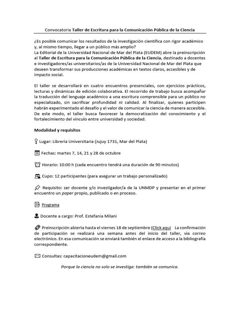 Convocatoria Taller de Escritura Para La Comunicación Pública de La ...