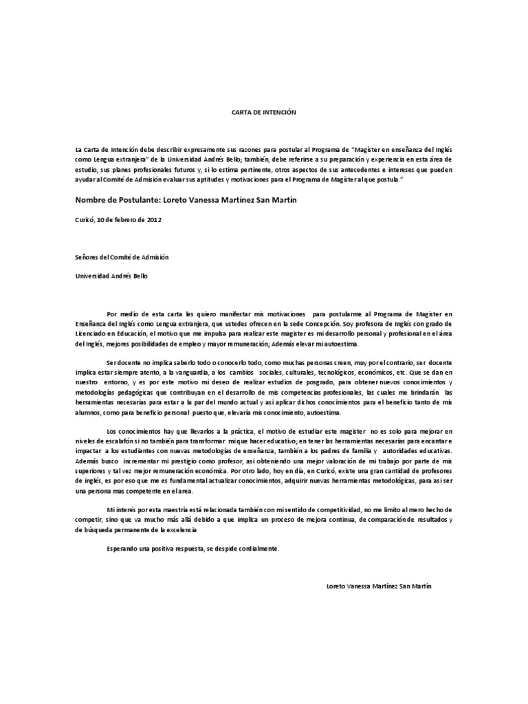 Carta de Intención  Autoestima  Maestros
