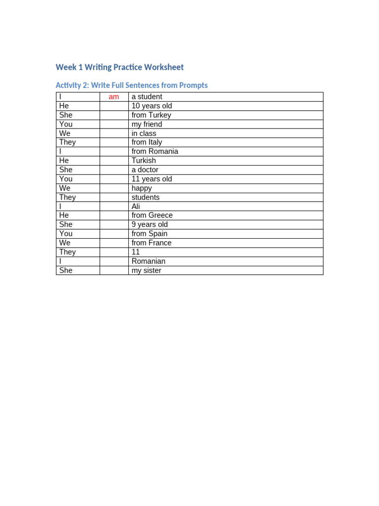 Week 1 Writing Practice Worksheet Recreated | PDF
