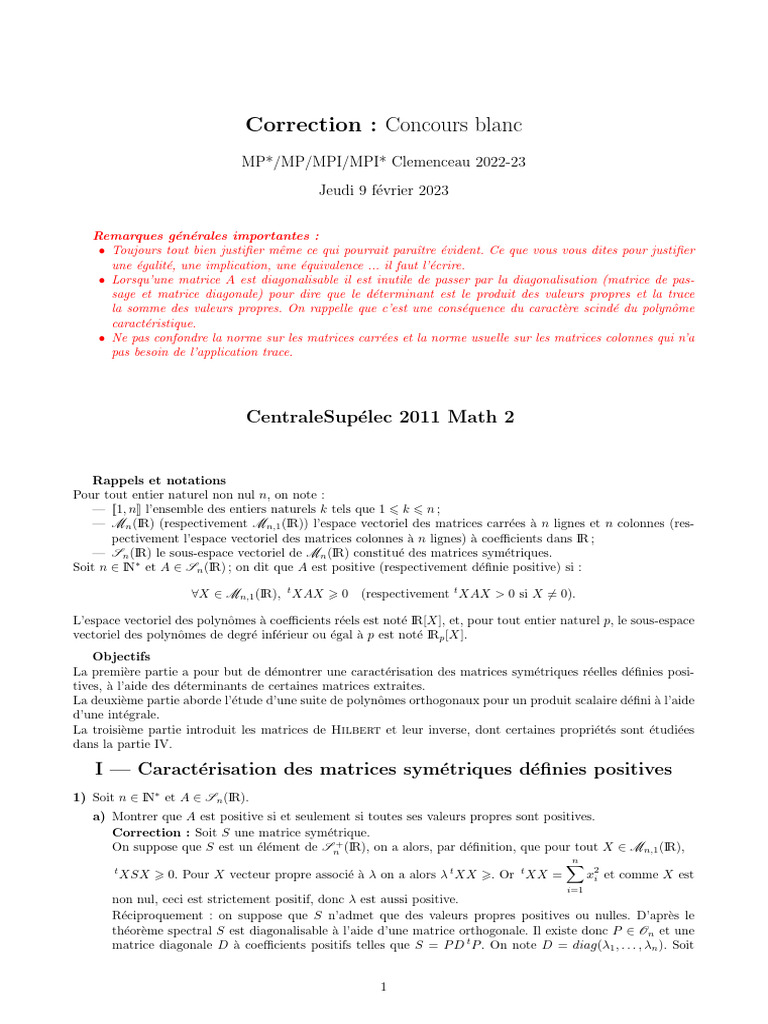 Correction du concours blanc Math 2 2023 | PDF | Matrice (Mathématiques ...