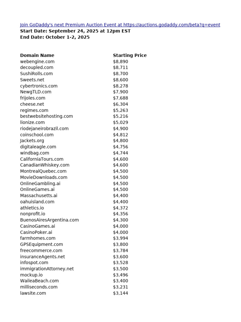 GoDaddy Premium Auction Event - September 2025 | PDF