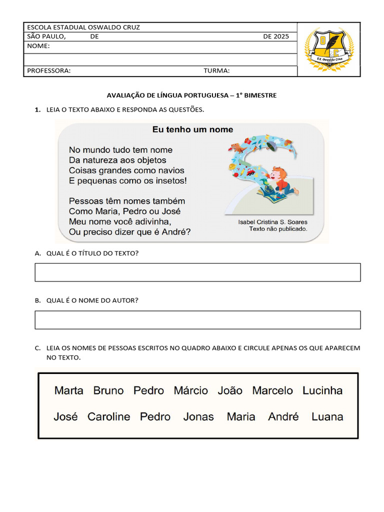 Avaliação de Língua Portuguesa 1° Bimestre | PDF