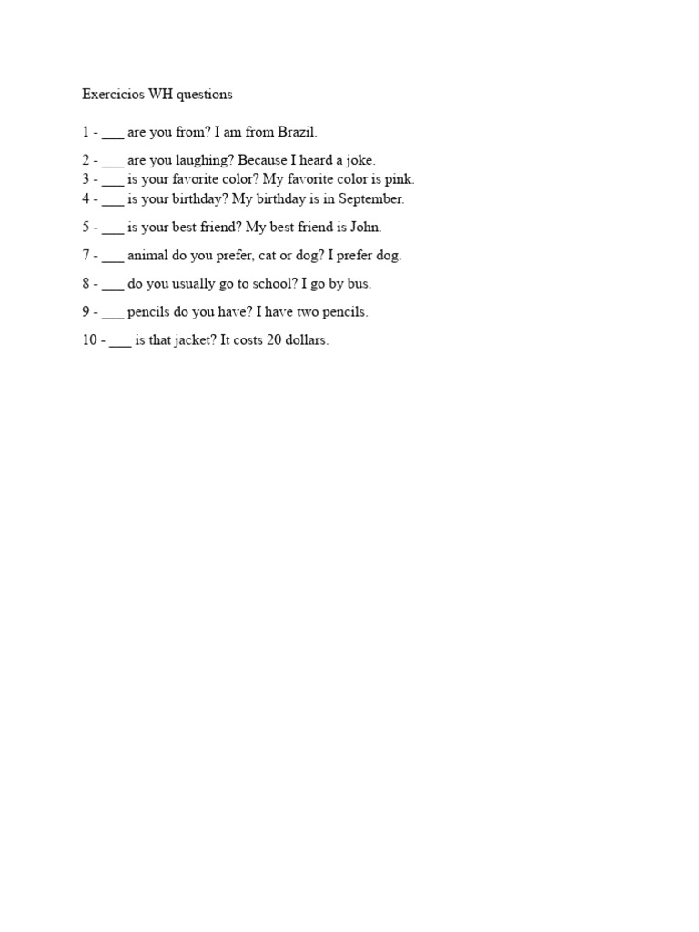 WH Questions Exercise for Beginners | PDF