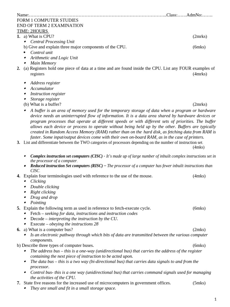 Form 1 Computer Studies Exam Guide | PDF | Computer Data Storage | Read ...