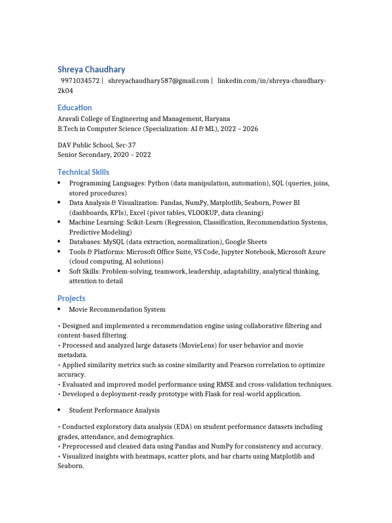 Shreya Chaudhary's LinkedIn Profile | PDF | Data Analysis | Artificial ...