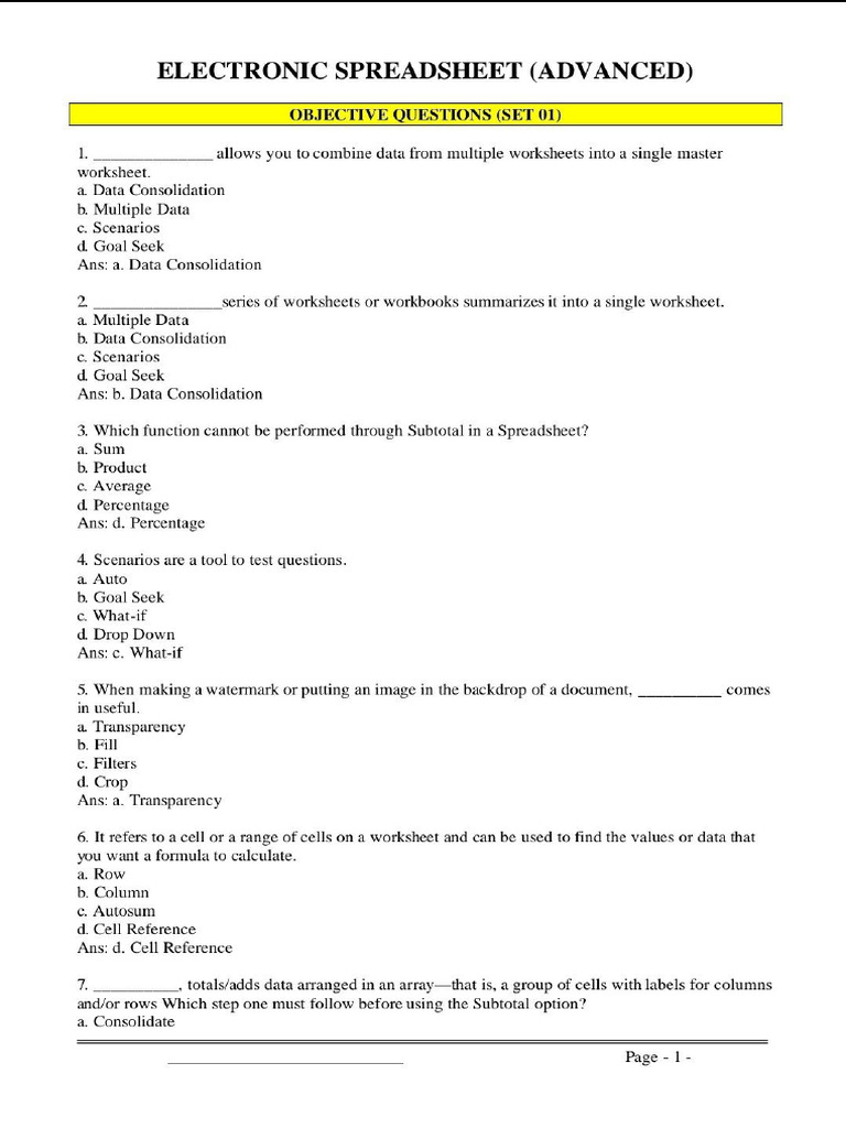 Electronic Spreadsheet 1 Class 10 | PDF