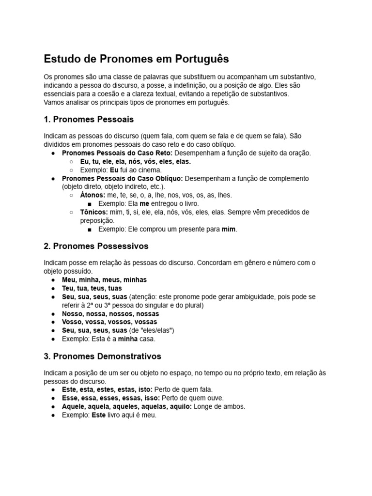 Tipos de Pronomes em Português | PDF | Pronome | Gramática
