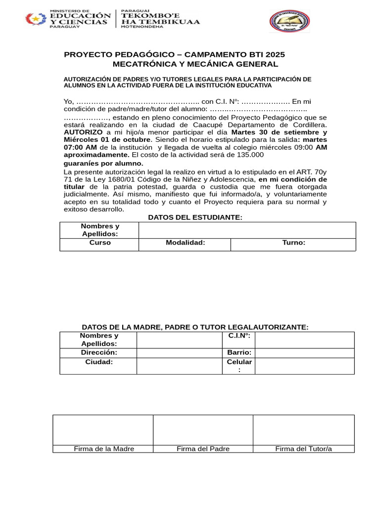 Autorización para Campamento BTI 2025 | PDF