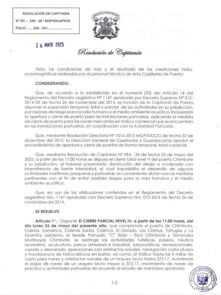 Resolución Capitanía 095-25 - Cierre Nivel IV - V | PDF