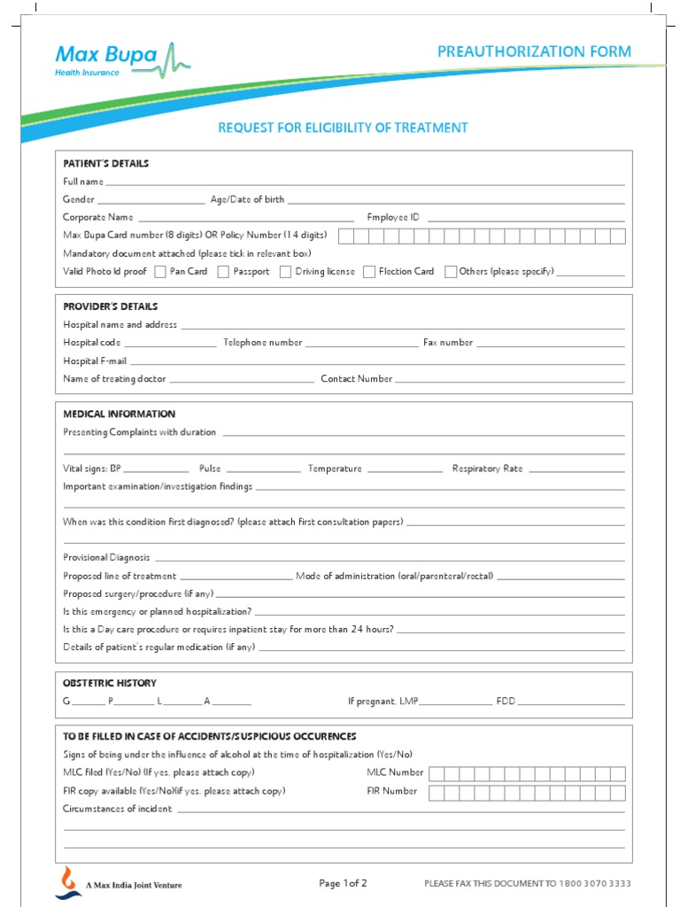 Preauthorization Form for Medical Claims | PDF | Patient | Medical ...