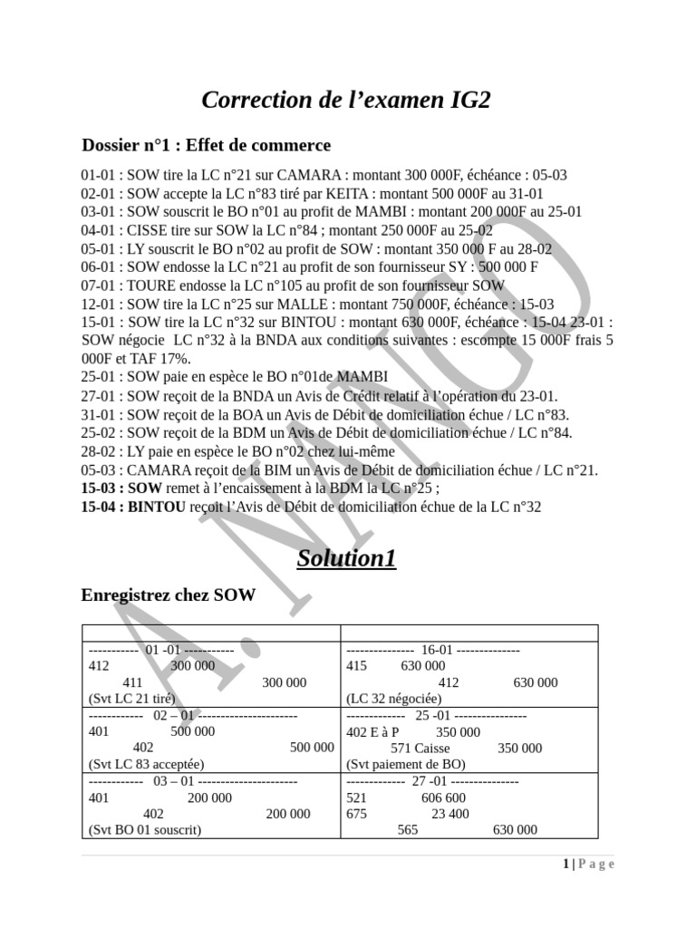 Correction examen IG2 : Effets et rapprochements | PDF | Chèque | Banques