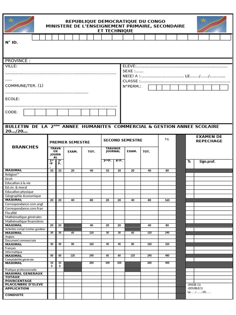 Bulletin Scolaire Secondaire RDC | PDF