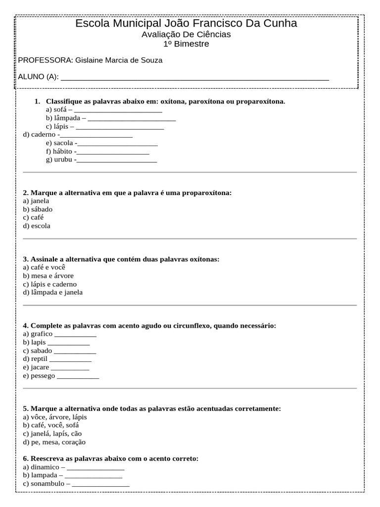 Avaliação 1 Bimestre Português 1 | PDF