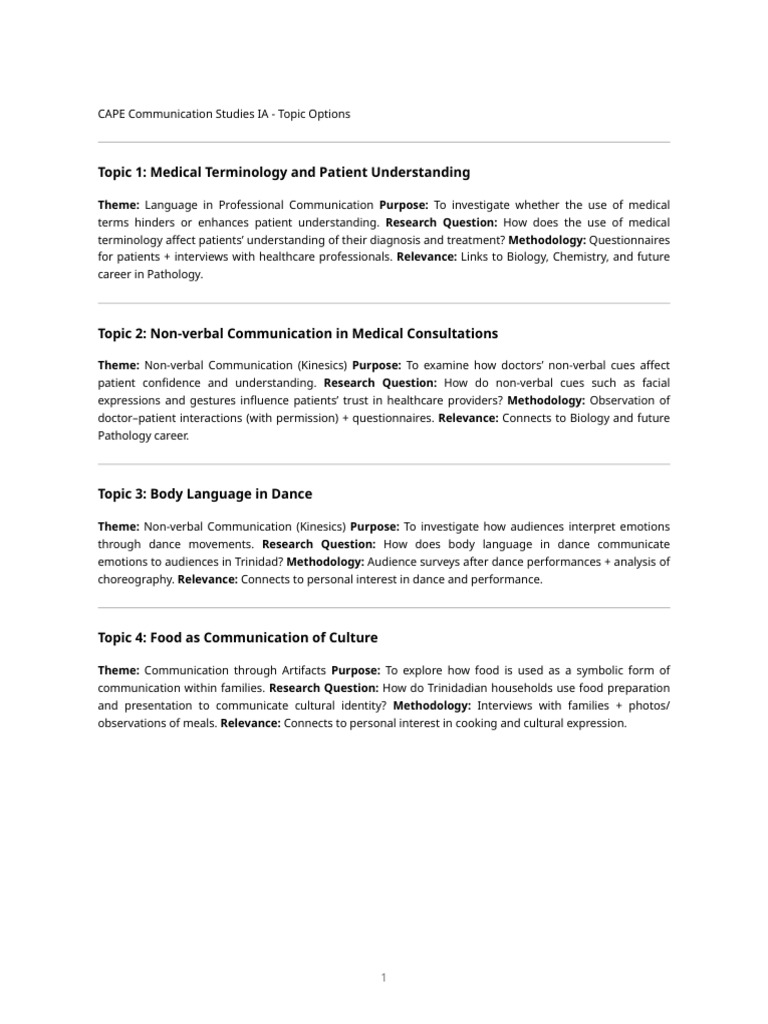 CAPE Communication Studies Topic Options | PDF
