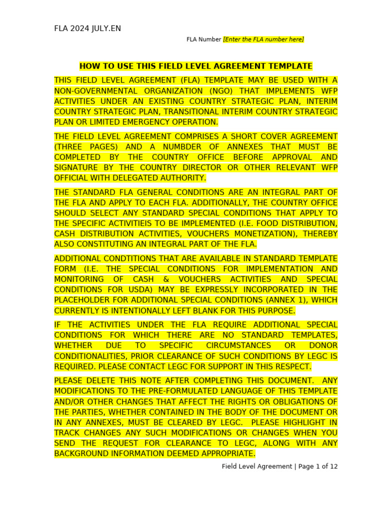Field Level Agreement Template 2024 | PDF | World Food Programme | Non ...