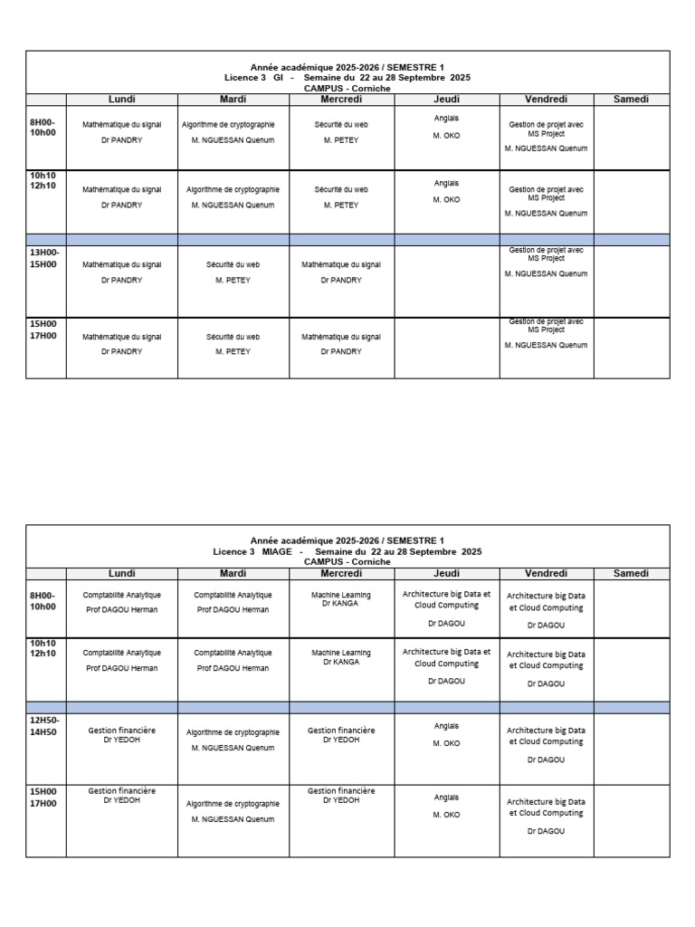 Emploi du temps Licence 3 GI et MIAGE 2025 | PDF | Mathématiques ...
