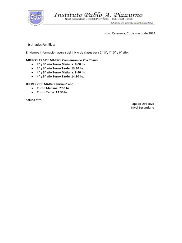 Inicio de Clases Secundaria 2024 | PDF