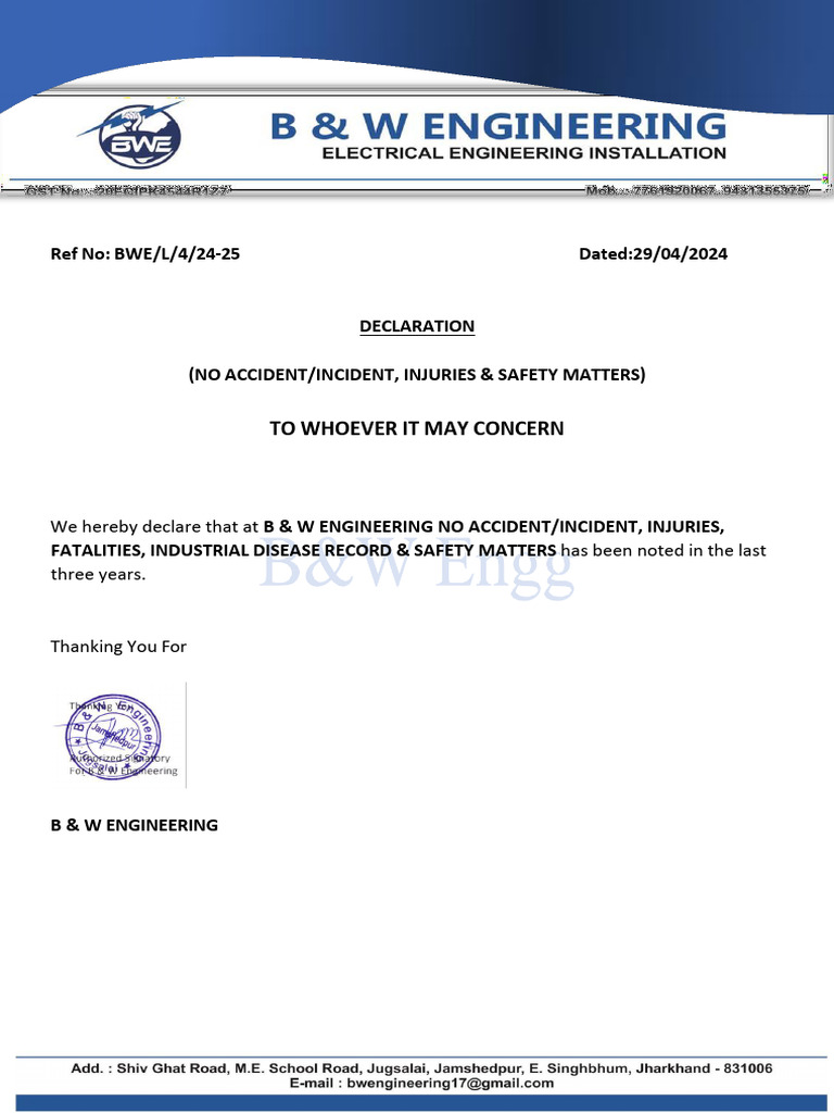 Sl. No. 06 Safety Declaration | PDF