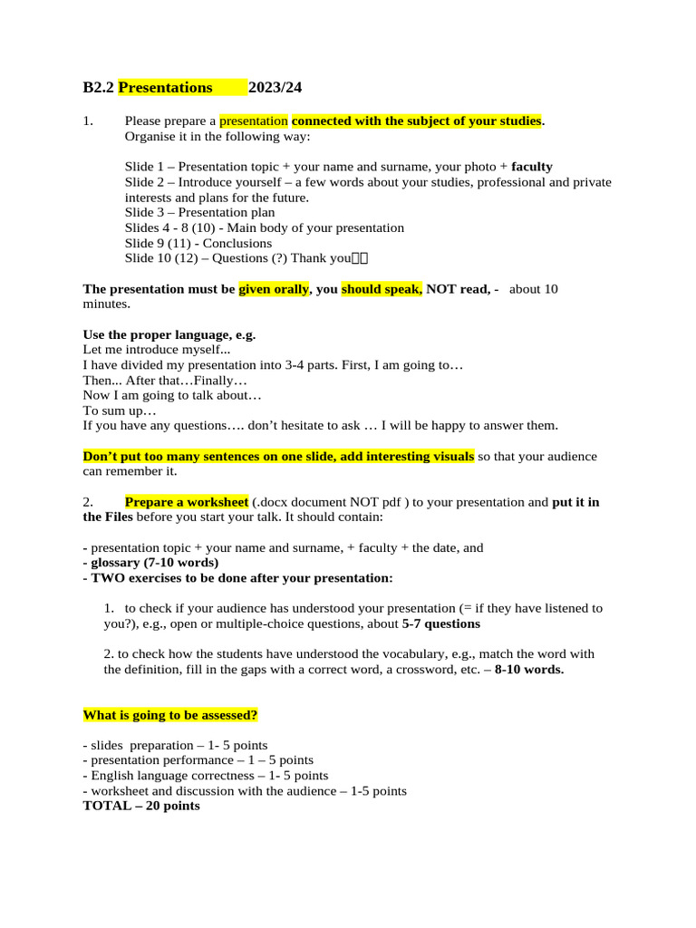 B2.2 Presentation Guidelines 2023/24 | PDF