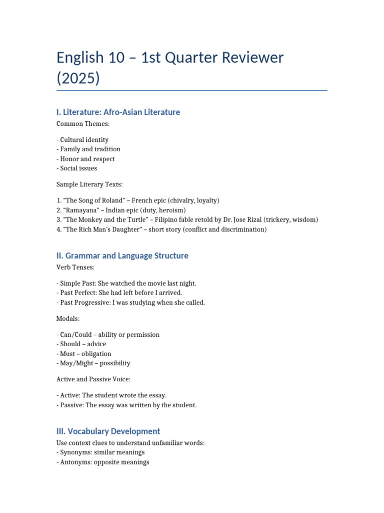 English 10 1st Quarter Review Guide | PDF