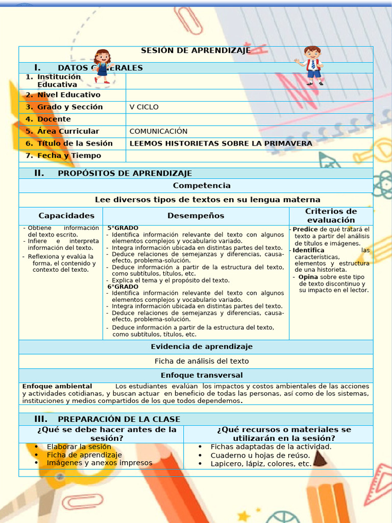 V Ciclo - 6 Unid - Comu - Leemos Historietas Sobre La Primavera | PDF ...