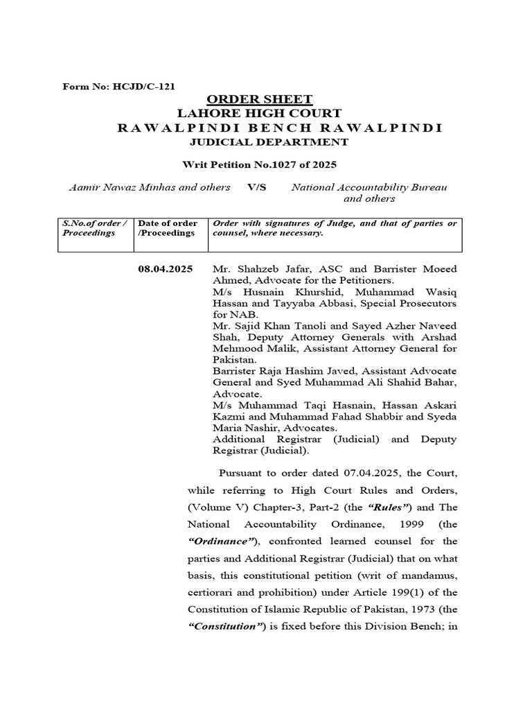 Writ Petition 1027/2025: NAB Inquiry Delay | PDF | Appeal | Judgment (Law)