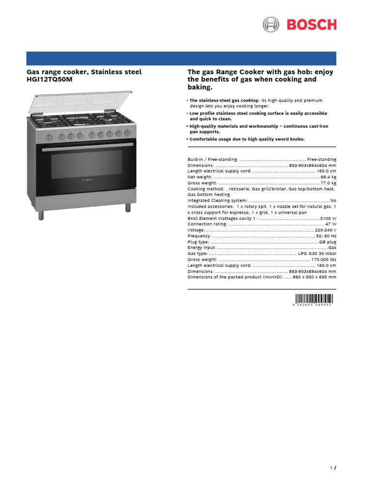 Stainless Steel Gas Range Cooker HGI12TQ50M | PDF | Grilling | Kitchen ...