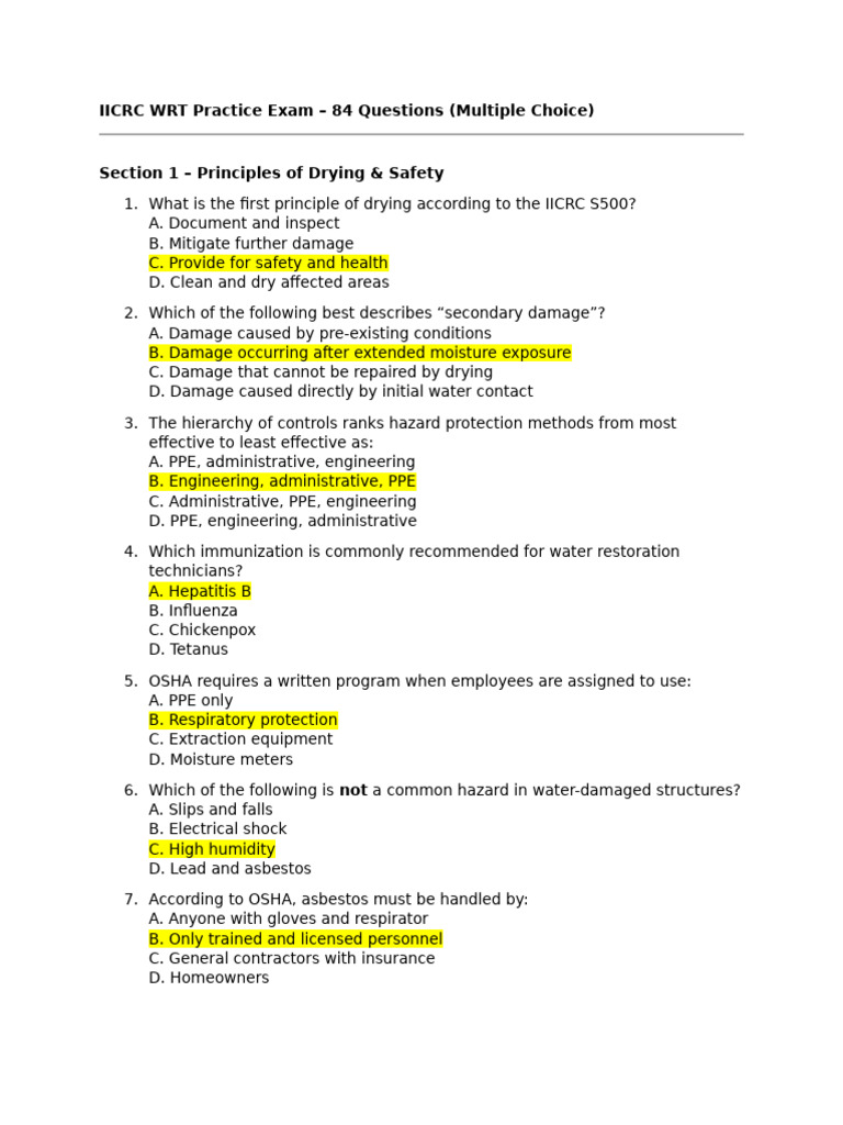 IICRC WRT Practice Exam Questions | PDF | Humidity | Building Insulation