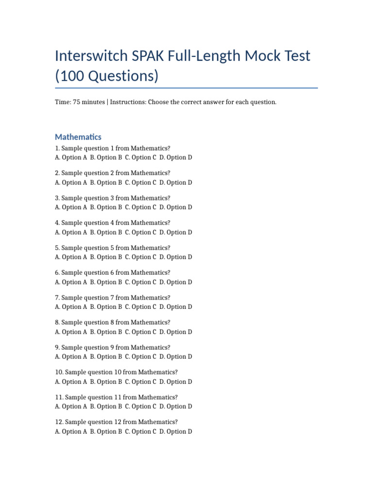 Interswitch SPAK Mock Test: 100 Questions | PDF | Chess | Chess Theory