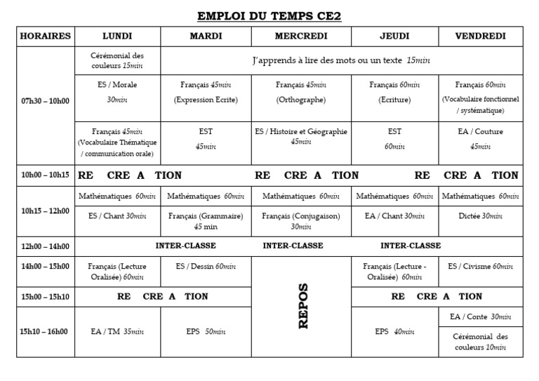 Emploi du Temps CE2 Semaine | PDF | Linguistique