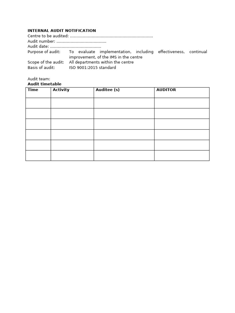 Internal Audit Notification for ISO 9001 | PDF