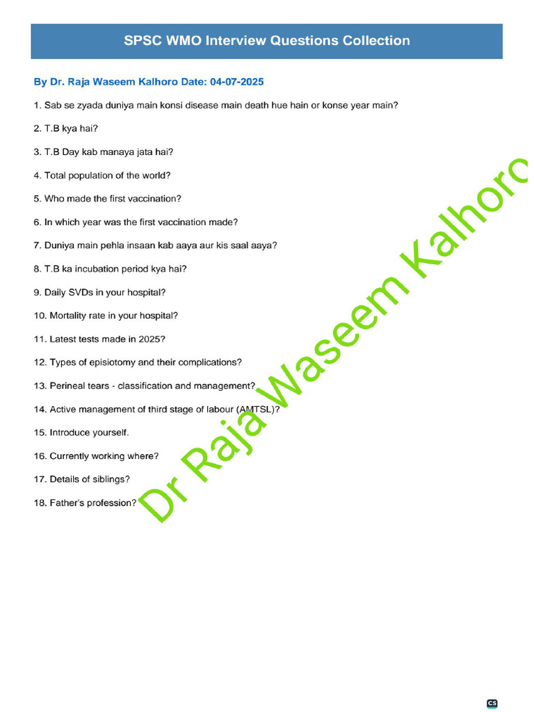 SPSC WMO Interview Questions 04-07-2025 DR Raja Waseem Kalhoro | PDF