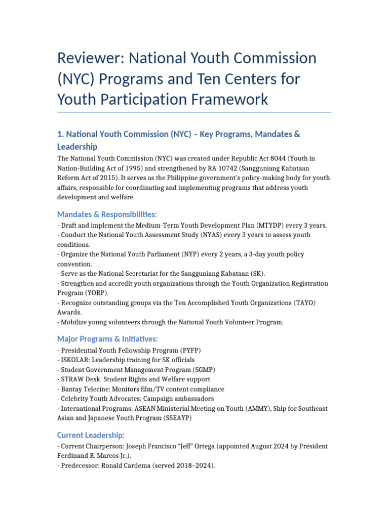 NYC Youth Programs and Participation Framework | PDF