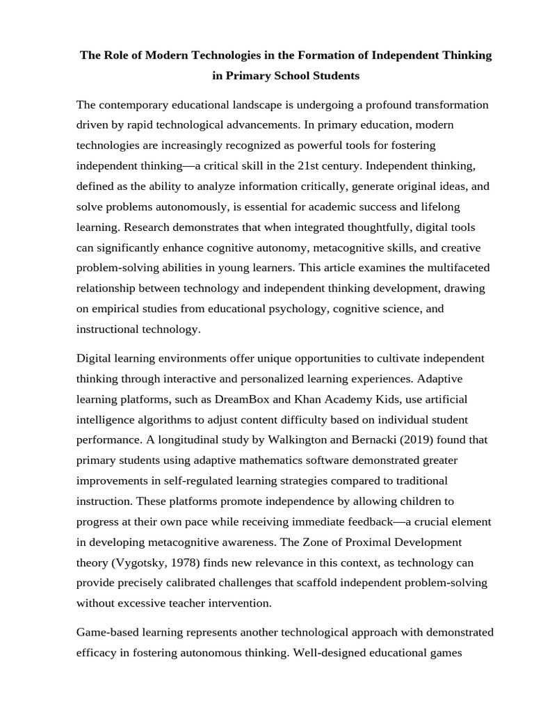 Tech's Impact on Independent Thinking in Kids | PDF | Learning | Thought