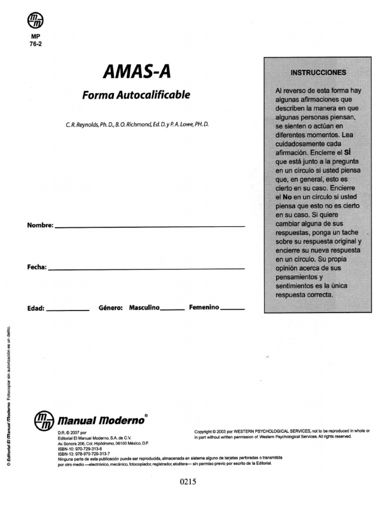 AMAS Escala de Ansiedad Manifiesta en Adultos PDF | PDF
